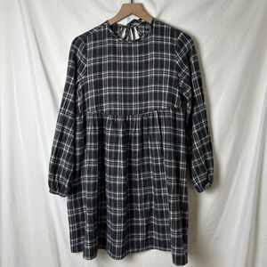 Wild Fable Women Black Plaid Flannel Long Sleeve Babydoll Midi Dress Size XS
